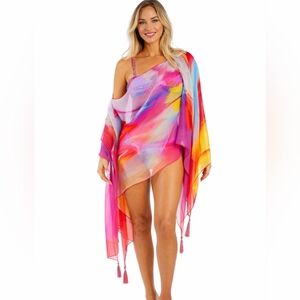 La Moda Resort Luxury Tropical Beach Poncho 3-Way Wear- Pink/Coral/Yellow